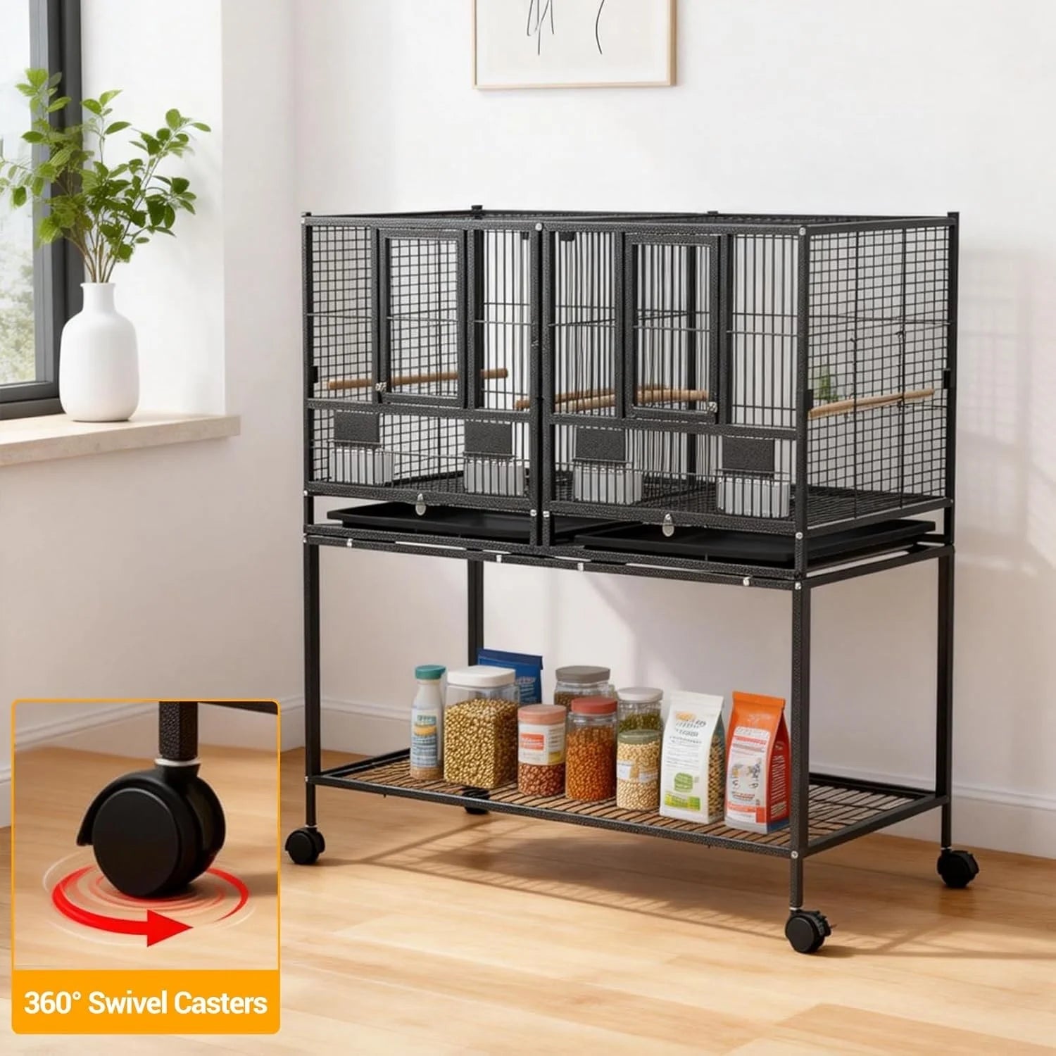 Grande Cage à Oiseaux en Fer Forgé sur Roulettes – Tiroir Coulissant, Perchoirs, Mangeoires – Idéale Perroquets, Calopsites, Inséparables & Pinsons