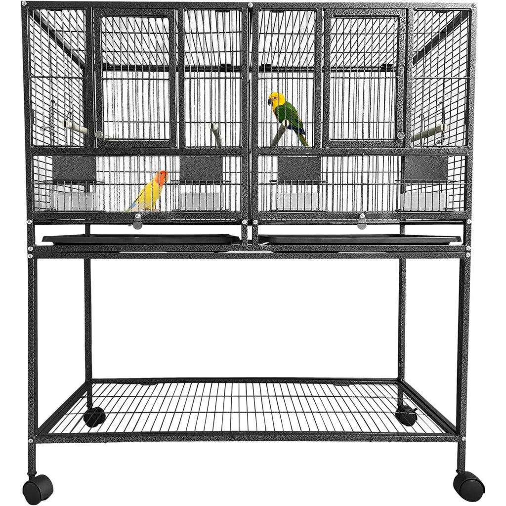 Grande Cage à Oiseaux en Fer Forgé sur Roulettes – Tiroir Coulissant, Perchoirs, Mangeoires – Idéale Perroquets, Calopsites, Inséparables & Pinsons