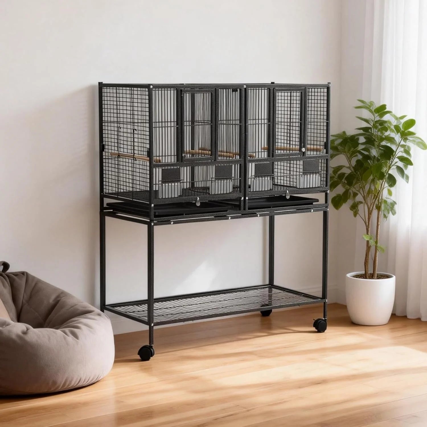 Grande Cage à Oiseaux en Fer Forgé sur Roulettes – Tiroir Coulissant, Perchoirs, Mangeoires – Idéale Perroquets, Calopsites, Inséparables & Pinsons
