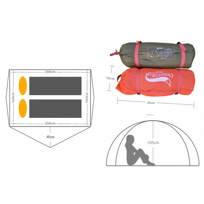 Tente de Camping 2 Personnes – Tente Légère Randonnée, Double Paroi, Mâts Aluminium, Sac de Transport