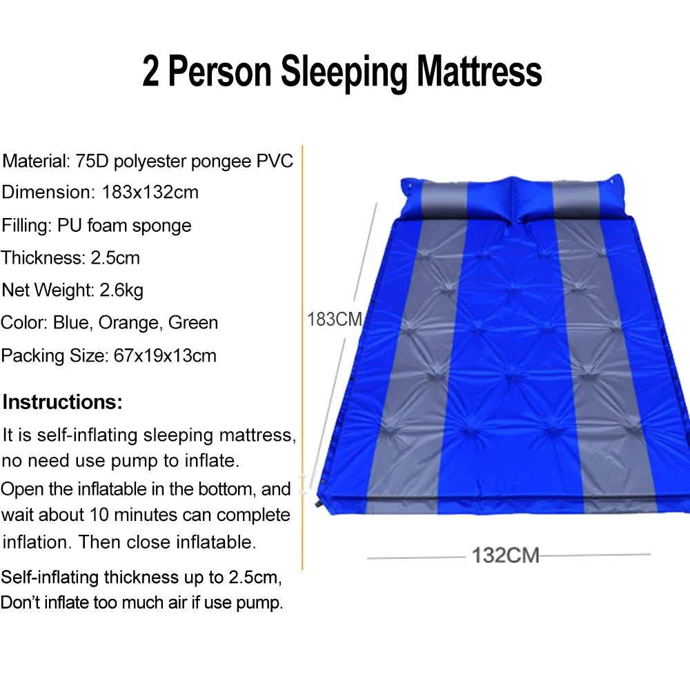 Matelas Auto-Gonflant 2 Personnes avec Oreillers Intégrés – Tapis de Camping Gonflable pour Tente