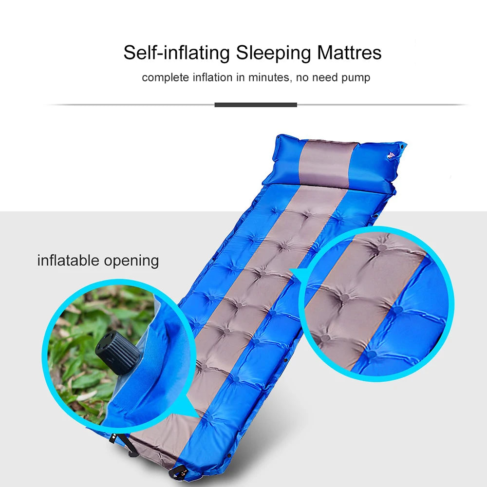 Matelas Auto-Gonflant avec Oreiller Intégré – Tapis de Camping Portable Léger pour Voyage et Randonnée