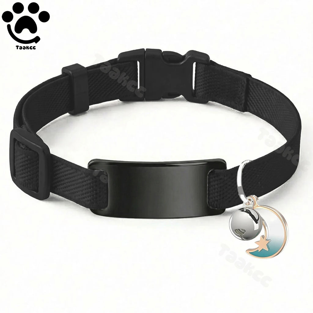 Collier Chat Élastique Personnalisé – Gravure Gratuite, Plaque ID, Clochette & Breloque Lune Anti-Fugue