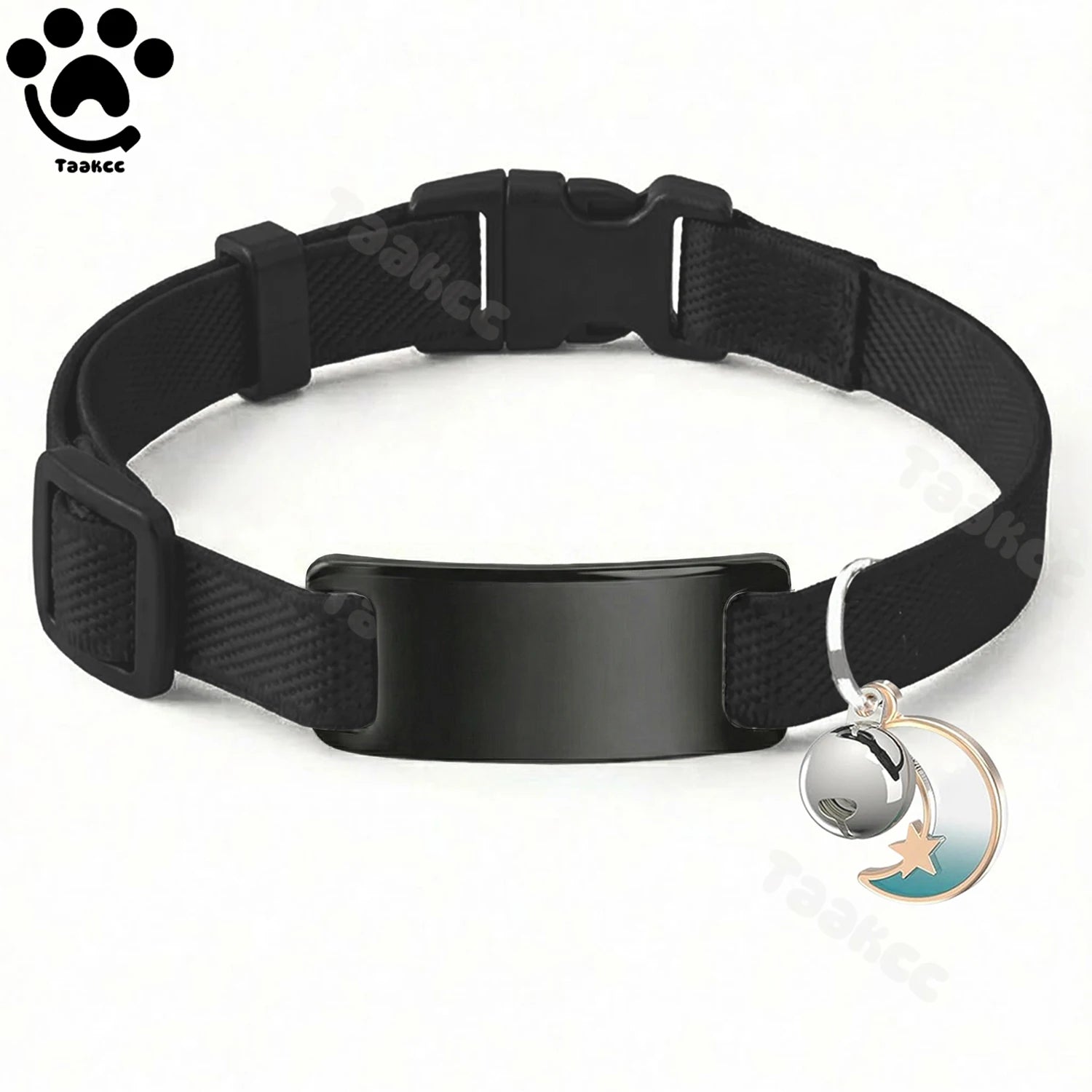 Collier Chat Élastique Personnalisé – Gravure Gratuite, Plaque ID, Clochette & Breloque Lune Anti-Fugue