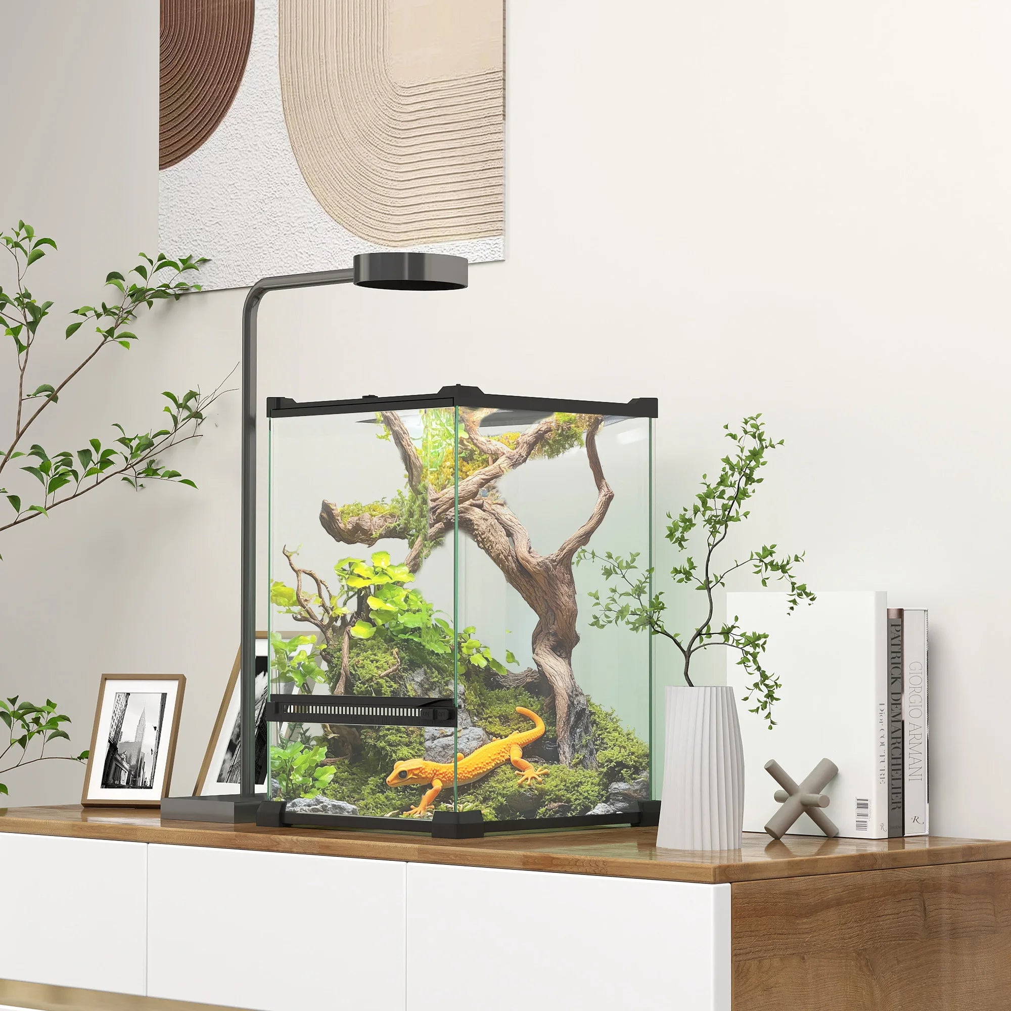 Terrarium en Verre pour Reptiles – Vivarium 12 L avec Couvercle en Grille Métallique, 20x20x30 cm, Noir