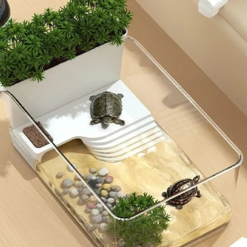 Terrarium Transparent pour Tortue – Séparation Sec/Humide avec Zone de Bain de Soleil et Plateforme d'Escalade en Plastique