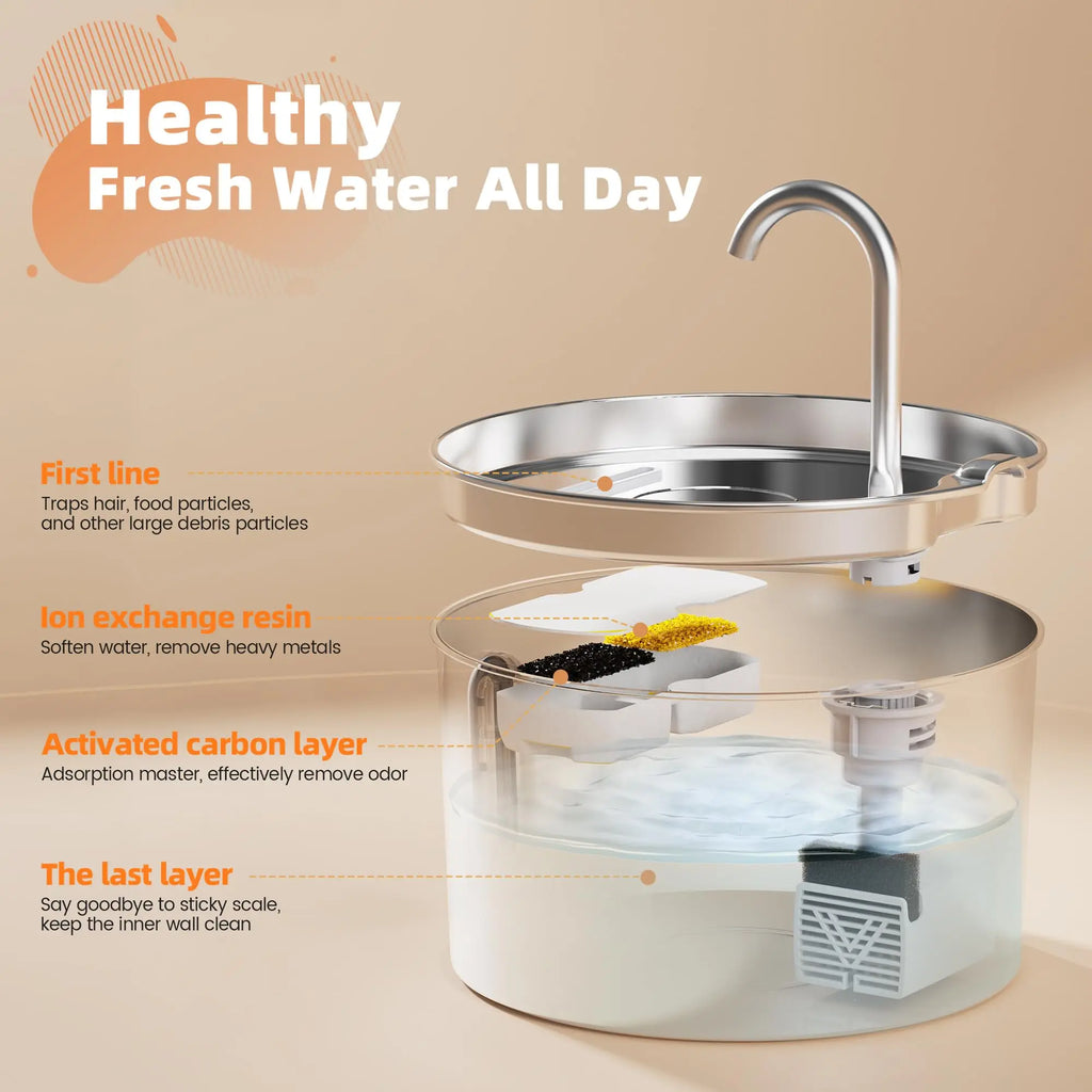 Fontaine à Eau Automatique 2,2L pour Chat – Inox, Pompe Silencieuse, Filtration, Fenêtre Visuelle