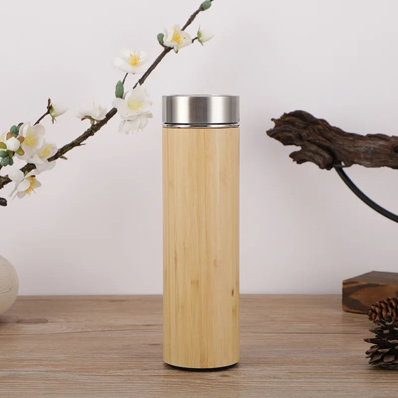 Tasse Thermos Bambou avec Affichage de Température – Bouteille Isotherme en Inox, Couvercle Rabattable, Écologique