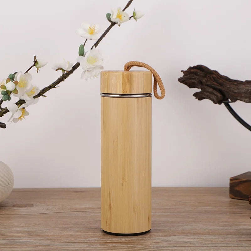 Tasse Thermos Bambou avec Affichage de Température – Bouteille Isotherme en Inox, Couvercle Rabattable, Écologique