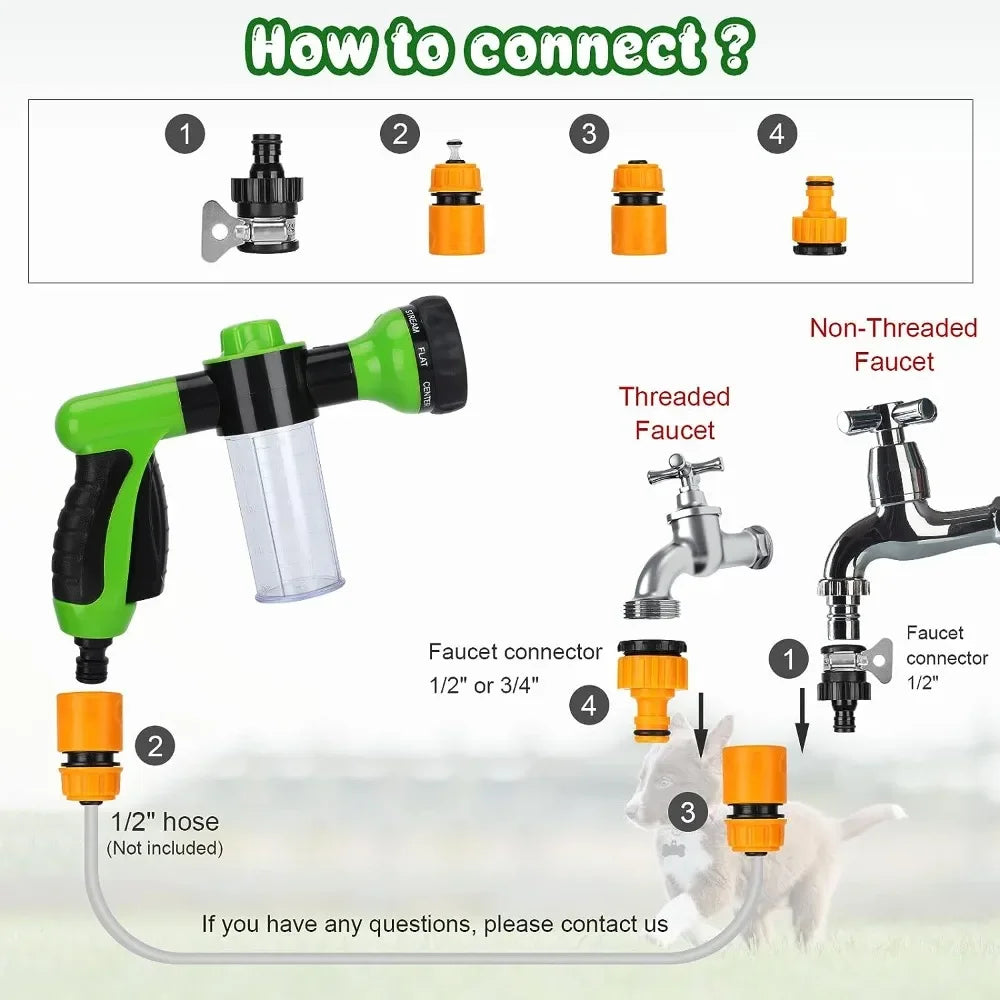 Pistolet Douche 8-en-1 pour Chien et Chat – Haute Pression, Mousse, Tuyau & Buse – Lavage Animal, Jardin, Voiture