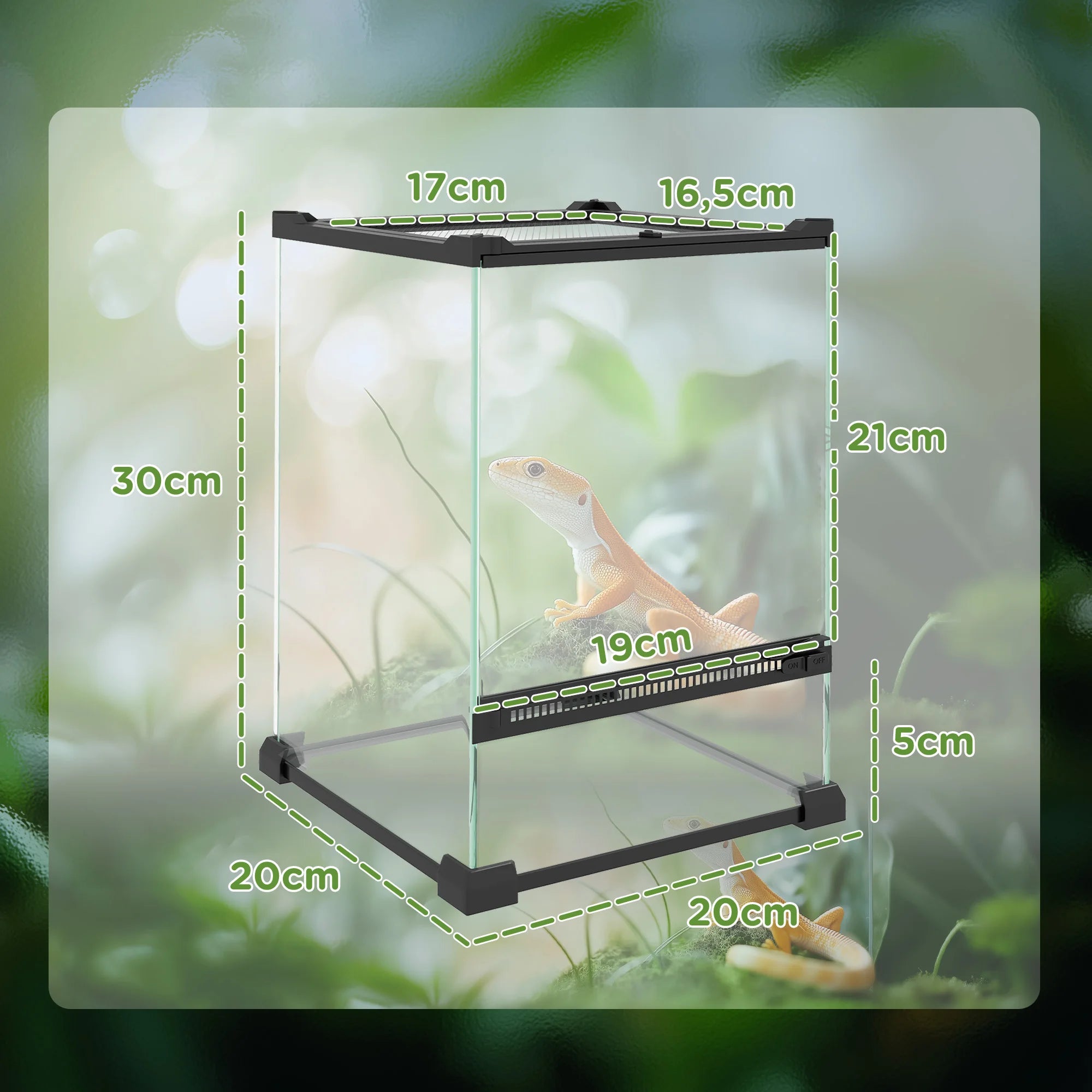 Terrarium en Verre pour Reptiles – Vivarium 12 L avec Couvercle en Grille Métallique, 20x20x30 cm, Noir