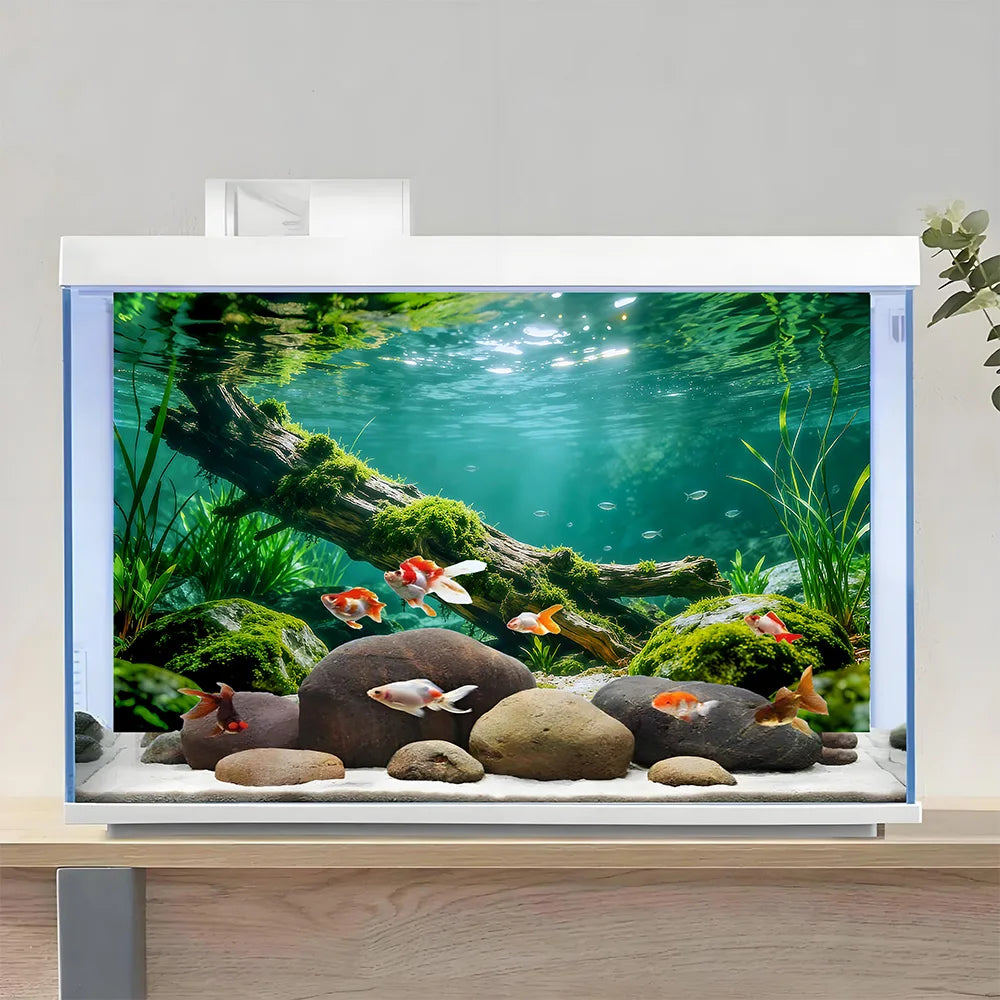 Sticker Fond d'Aquarium – Bois Mort Rivière, Décoration Paysage Sous-Marin, Ornement Bac à Poissons en PVC