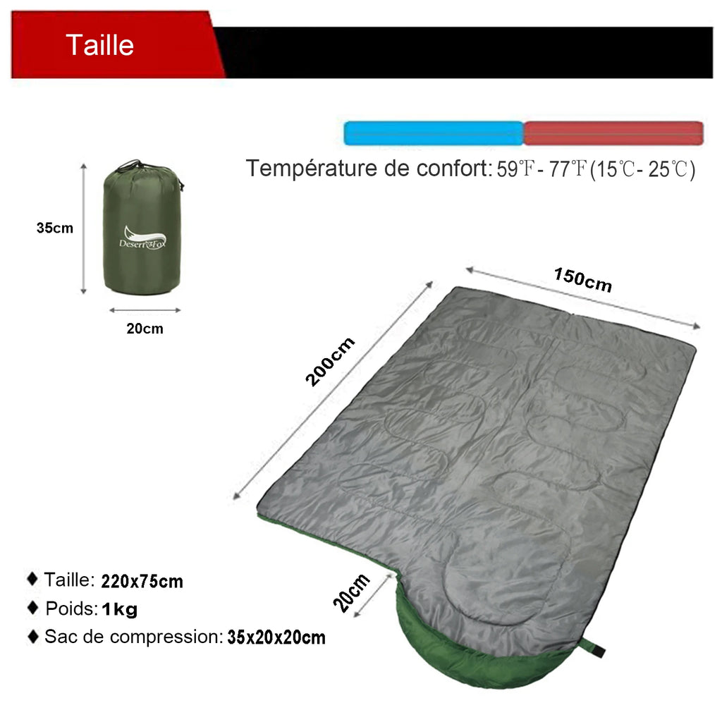 Sac de Couchage Compact Ultra-léger Enveloppe 3 Saisons avec Sac de Compression – Camping, Randonnée, Voyage