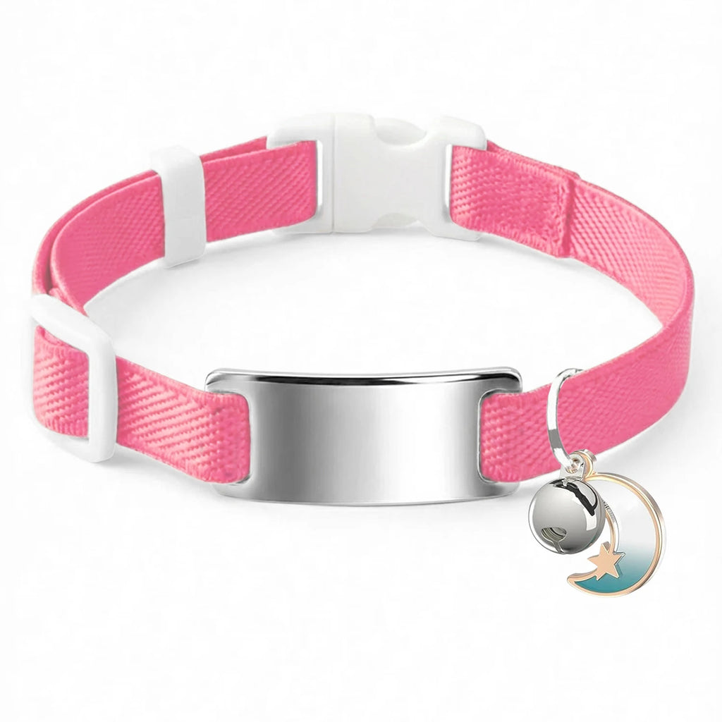Collier Chat Élastique Personnalisé – Gravure Gratuite, Plaque ID, Clochette & Breloque Lune Anti-Fugue