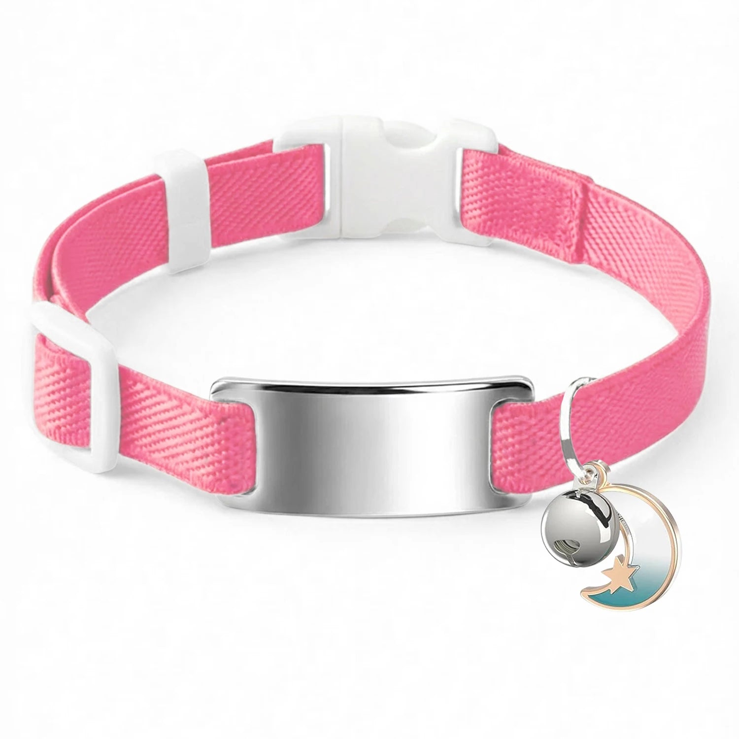 Collier Chat Élastique Personnalisé – Gravure Gratuite, Plaque ID, Clochette & Breloque Lune Anti-Fugue