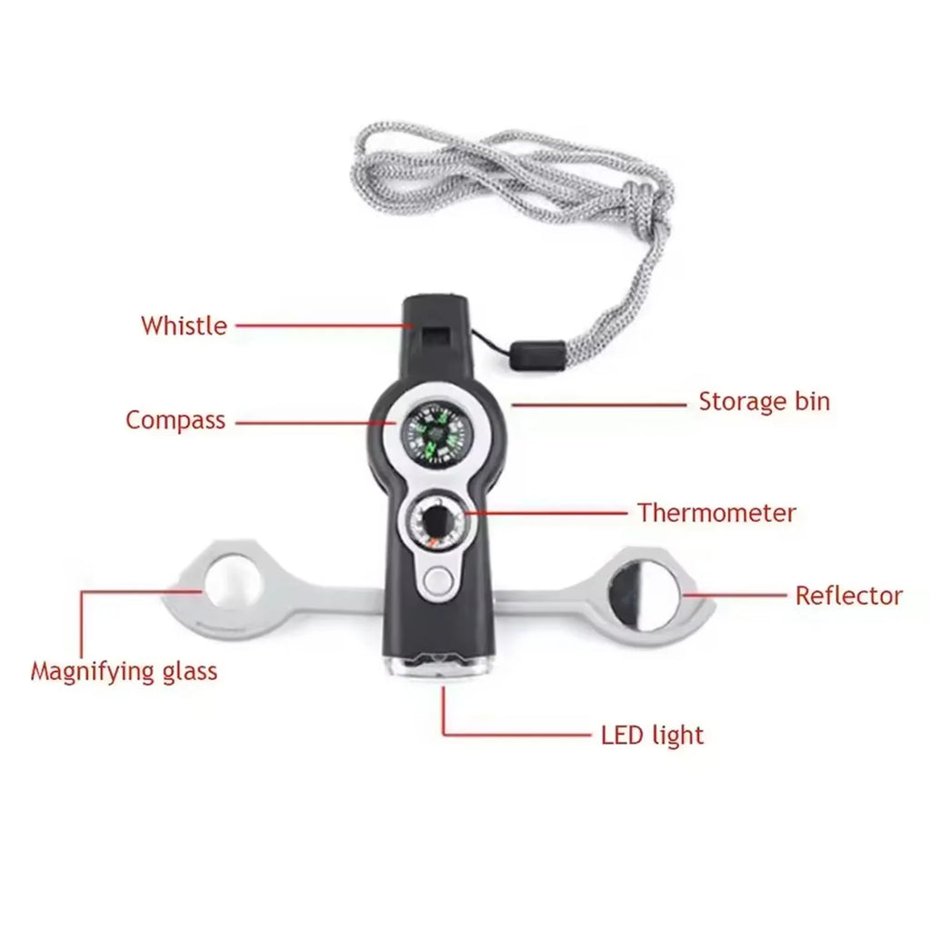 Sifflet de Survie 7-en-1 avec Lumière LED & Thermomètre – Kit d'Urgence Outdoor Randonnée Camping
