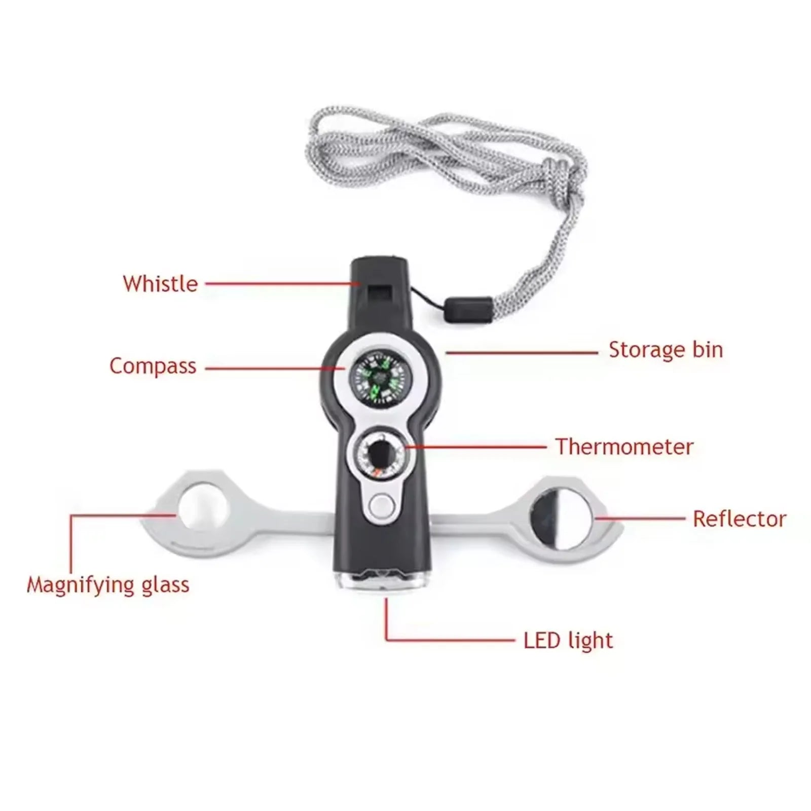 Sifflet de Survie 7-en-1 avec Lumière LED & Thermomètre – Kit d'Urgence Outdoor Randonnée Camping