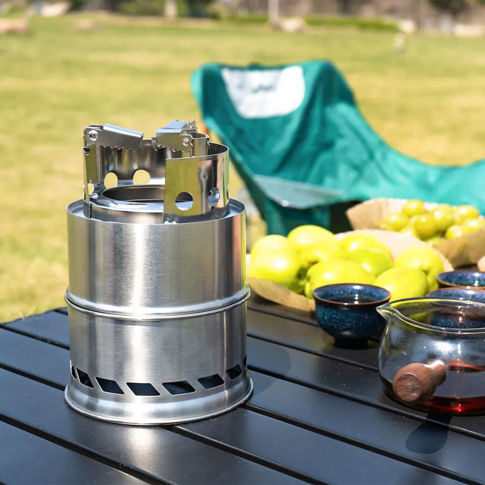 Poêle à Bois Portable pour Camping – En Inox Double Couche Concentrateur de Chaleur, Démontable et Empilable pour Pique-Nique