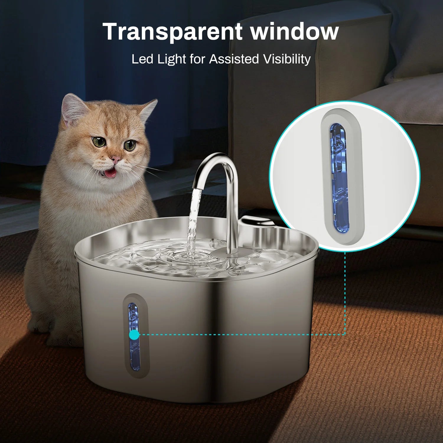 Fontaine à Eau Automatique 2,2L pour Chat – Inox, Pompe Silencieuse, Filtration, Fenêtre Visuelle