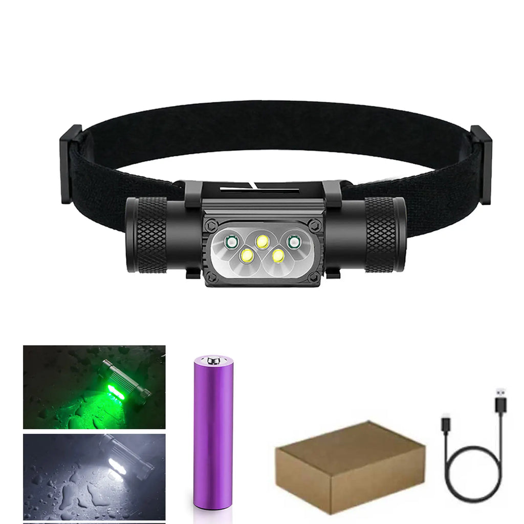 Mini Lampe Frontale LED USB Type-C 18650 – Lumière Blanche, Rouge, Verte, Bleue, Jaune & UV 395nm pour Pêche, Chasse et Camping