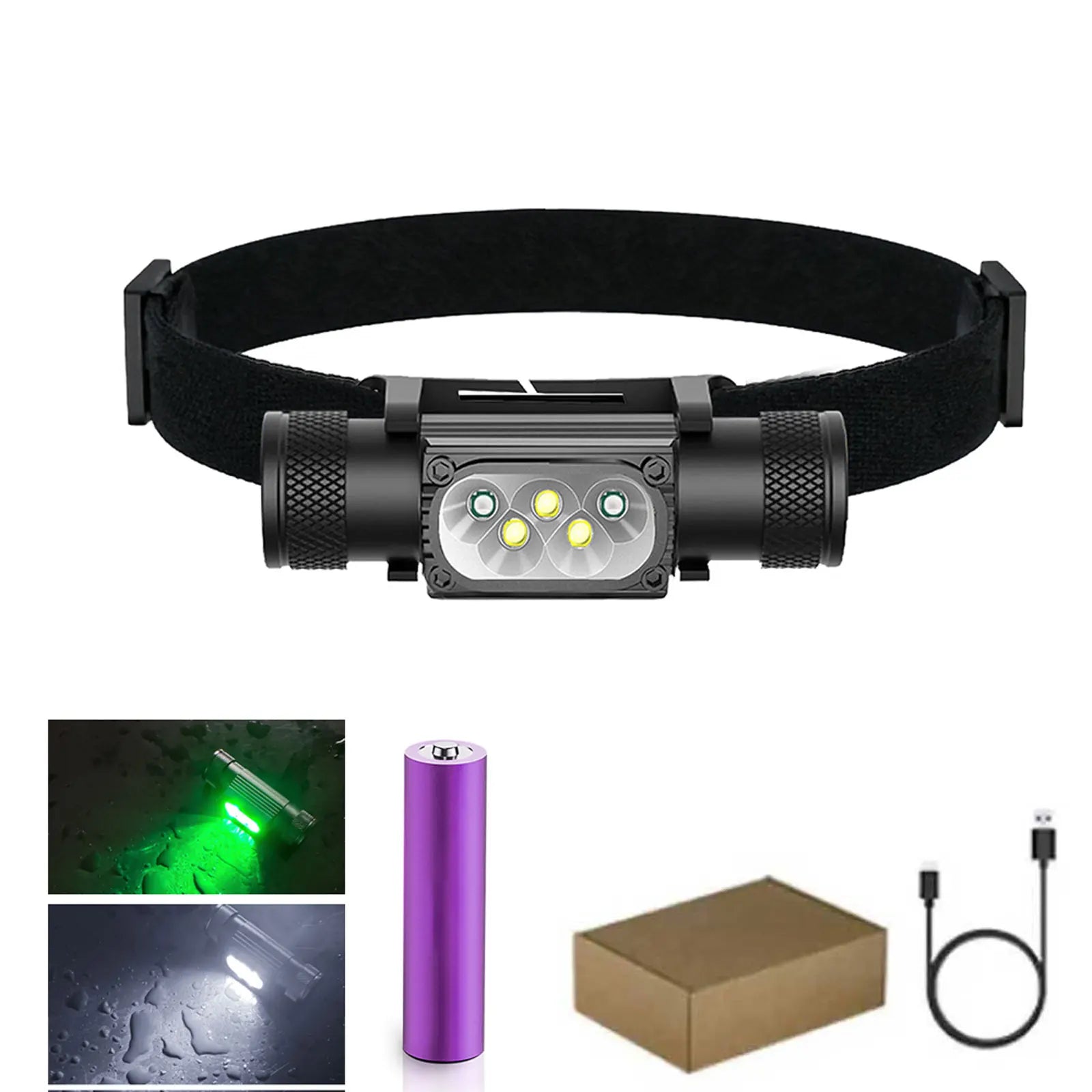 Mini Lampe Frontale LED USB Type-C 18650 – Lumière Blanche, Rouge, Verte, Bleue, Jaune & UV 395nm pour Pêche, Chasse et Camping