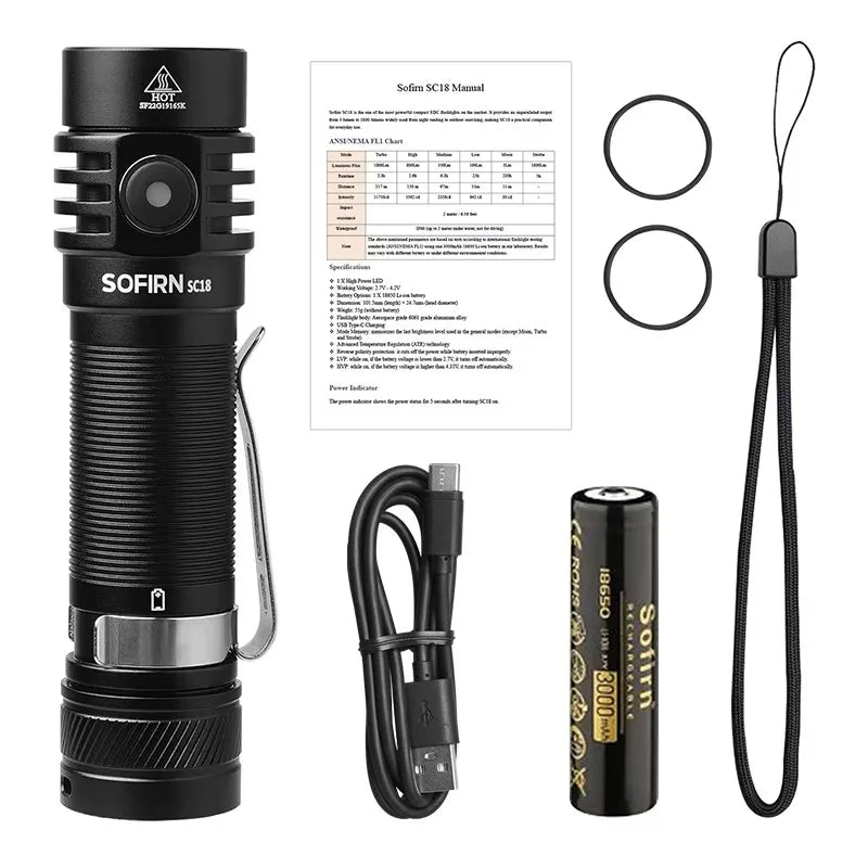 Lampe de Poche EDC 1800lm, Rechargeable USB-C | LED SST40, Optique TIR, Batterie 18650