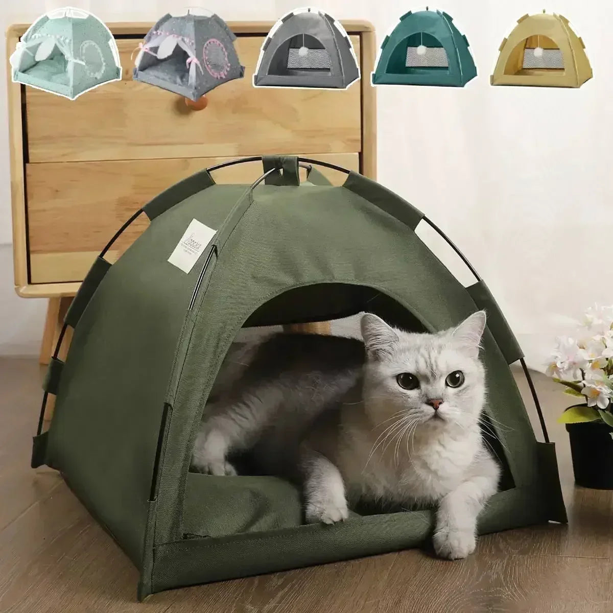 Tente Lit pour Chat Semi-Fermée Amovible – Panier Canapé Canvas, Maison Grotte pour Chat & Chien, Déco Chambre