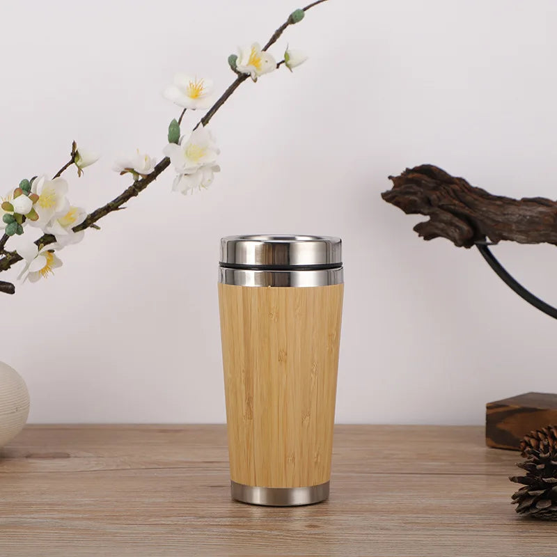 Tasse Thermos Bambou avec Affichage de Température – Bouteille Isotherme en Inox, Couvercle Rabattable, Écologique