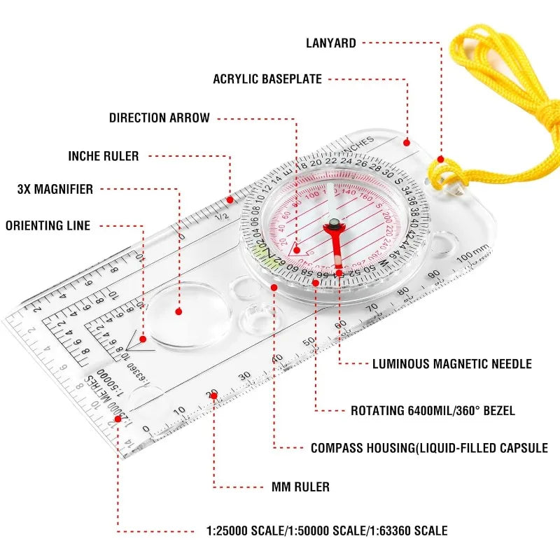 Règle Boussole Militaire Multifonction – Orientation, Carte, Survie – Randonnée, Camping, Chasse