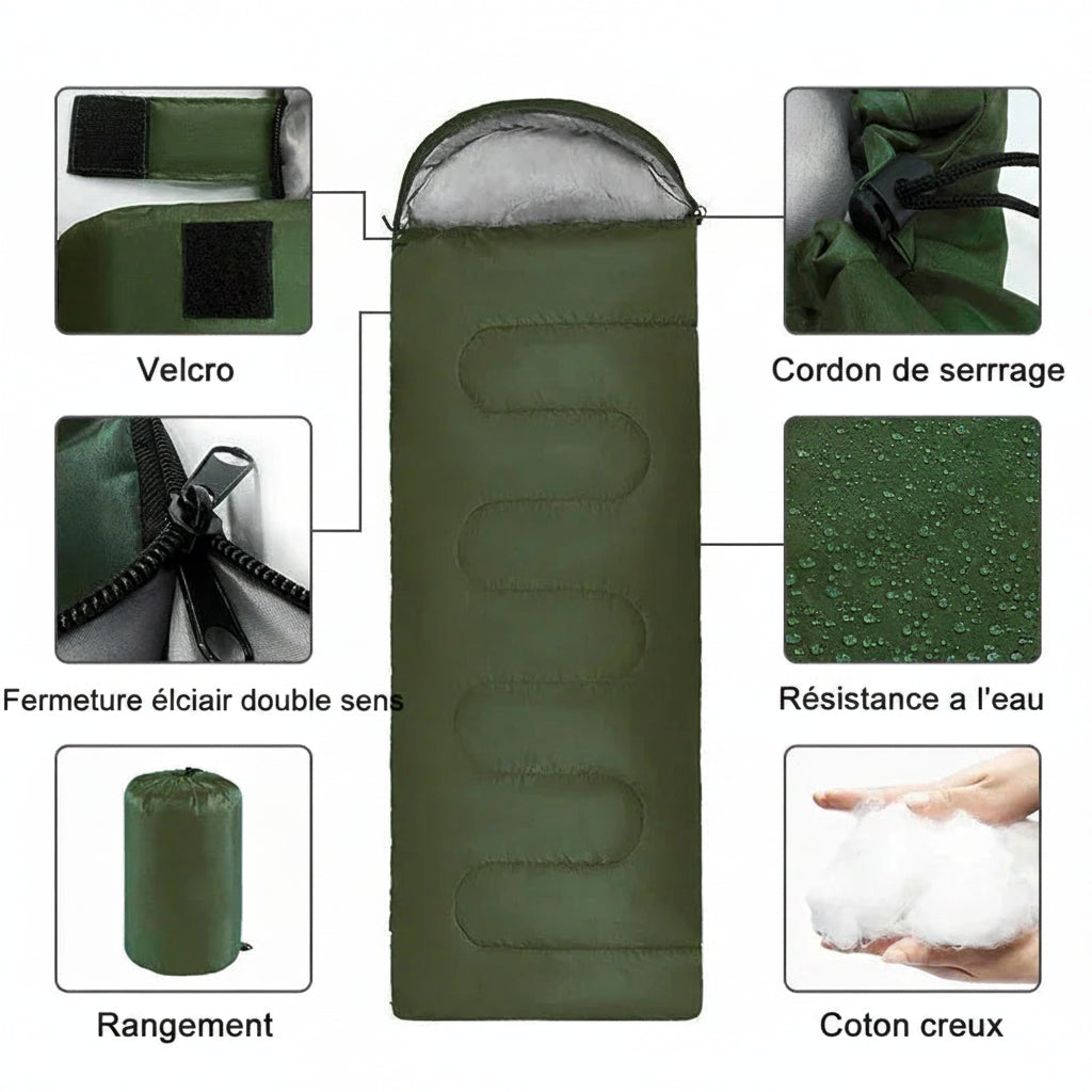 Sac de Couchage de Camping Ultraléger Imperméable 4 Saisons Chaud Enveloppe pour Randonnée et Voyage en Plein Air