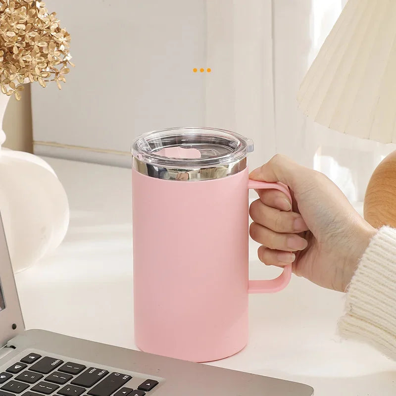 Mug en Inox 304 – 650 ml, Double Paroi Anti-Brûlure, Isotherme avec Couvercle & Anse – Tasse Café, Thé, Lait