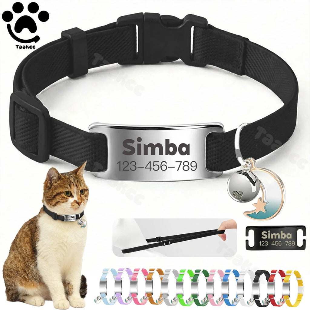 Collier Chat Élastique Personnalisé – Gravure Gratuite, Plaque ID, Clochette & Breloque Lune Anti-Fugue