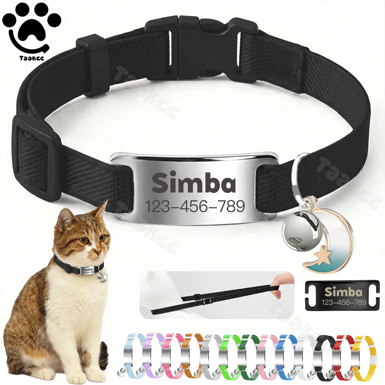 Collier Chat Élastique Personnalisé – Gravure Gratuite, Plaque ID, Clochette & Breloque Lune Anti-Fugue