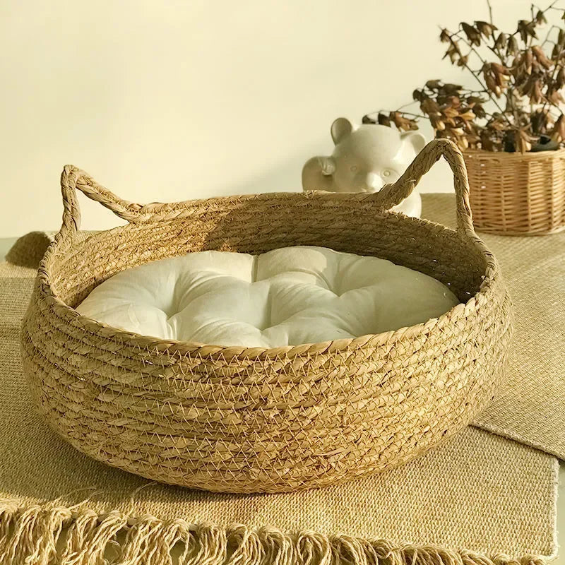 Corbeille pour Chat Tressée à la Main en Osier – Coussin Amovible et Lavable, Toutes Saisons, Accessoires Animaux