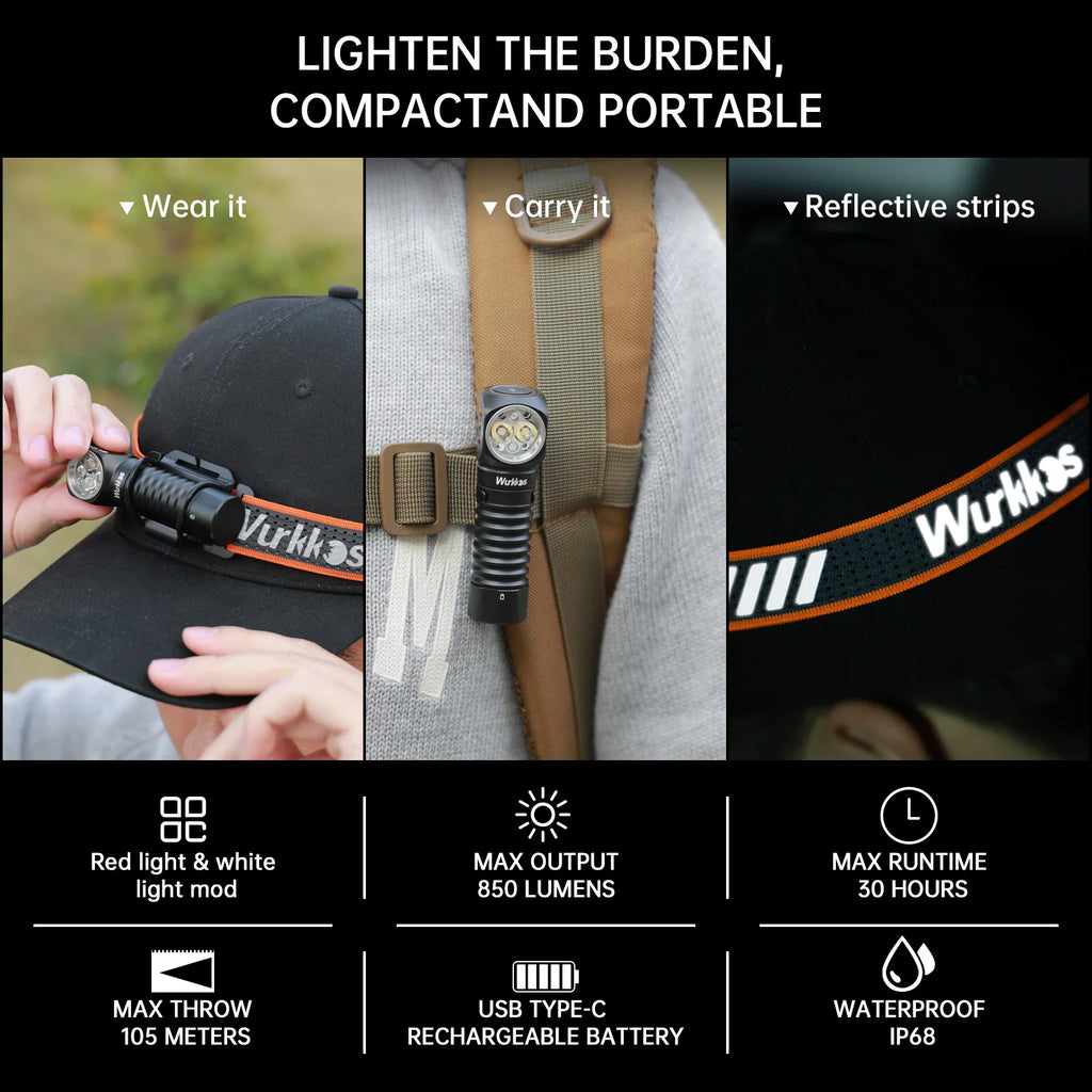 Lampe Frontale 850 Lumens avec Lumière Rouge, Clip Magnétique | Camping, Randonnée, Pêche