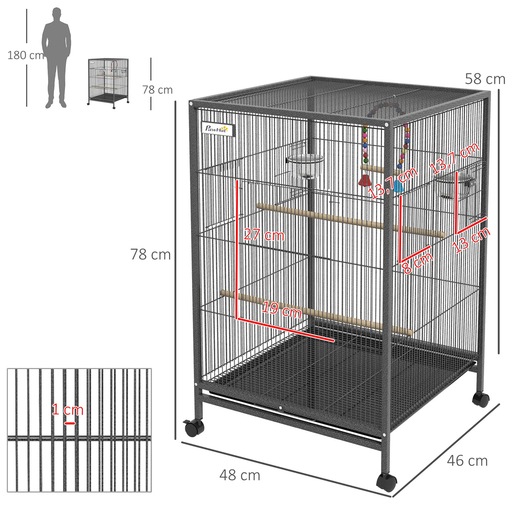 Cage à Oiseaux sur Pied & Roulettes avec Balançoire, Perchoirs, Plateau Coulissant & Mangeoires – Inséparables, Canaris, Perruches – 48x46x78 cm Acier Gris
