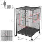Cage à Oiseaux sur Pied & Roulettes avec Balançoire, Perchoirs, Plateau Coulissant & Mangeoires – Inséparables, Canaris, Perruches – 48x46x78 cm Acier Gris