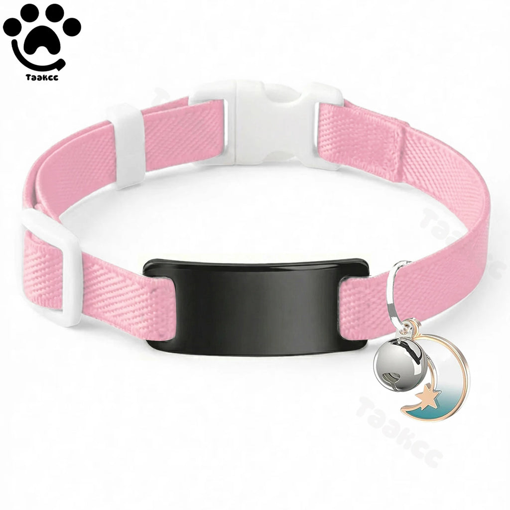 Collier Chat Élastique Personnalisé – Gravure Gratuite, Plaque ID, Clochette & Breloque Lune Anti-Fugue