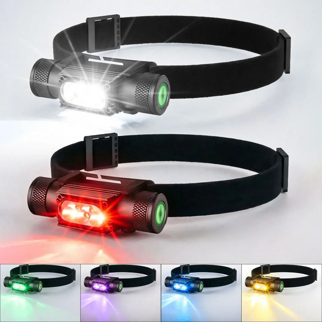 Mini Lampe Frontale LED USB Type-C 18650 – Lumière Blanche, Rouge, Verte, Bleue, Jaune & UV 395nm pour Pêche, Chasse et Camping