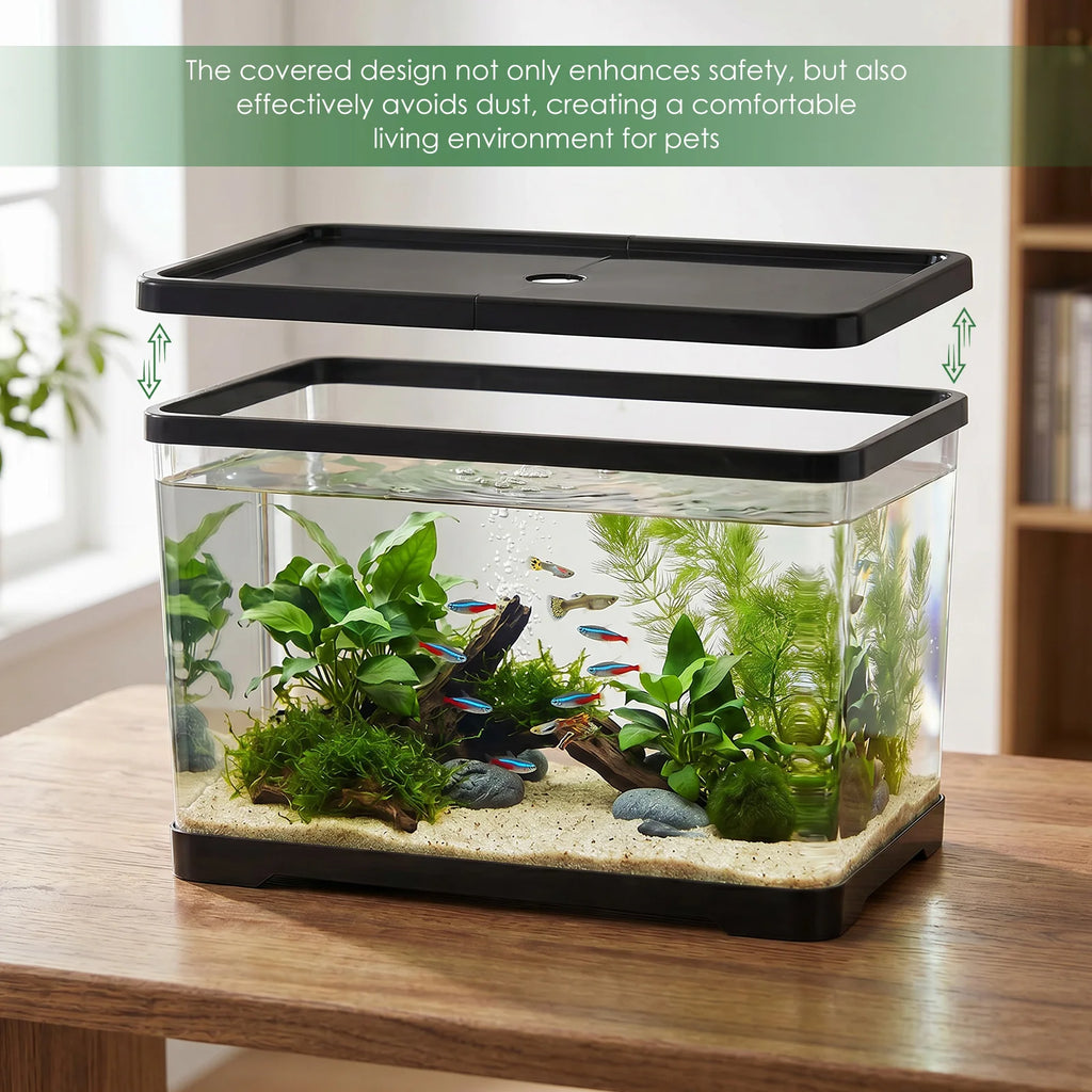 Aquarium Transparent Rectangulaire avec Couvercle – Bureau ou Maison, Plantes Aquatiques, Décoration Intérieure