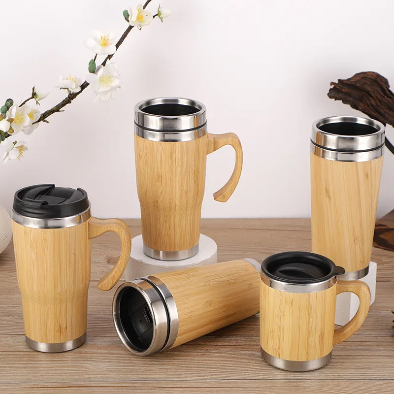 Tasse Thermos Bambou avec Affichage de Température – Bouteille Isotherme en Inox, Couvercle Rabattable, Écologique