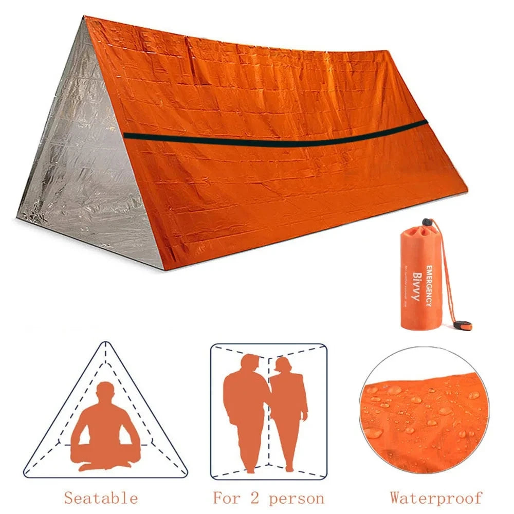 Kit de Survie d’Urgence 2 Personnes – Tente Mylar, Sac de Couchage, Couverture Thermique SOS Réutilisable
