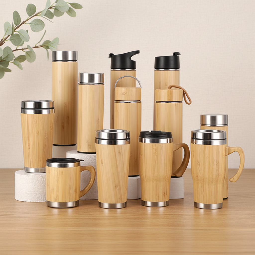 Tasse Thermos Bambou avec Affichage de Température – Bouteille Isotherme en Inox, Couvercle Rabattable, Écologique