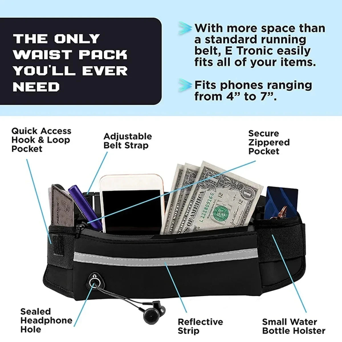 Laisse de Course pour Chien – Ceinture Lombaire avec Sac, Laisse Élastique Rétractable, Réfléchissante, Nylon