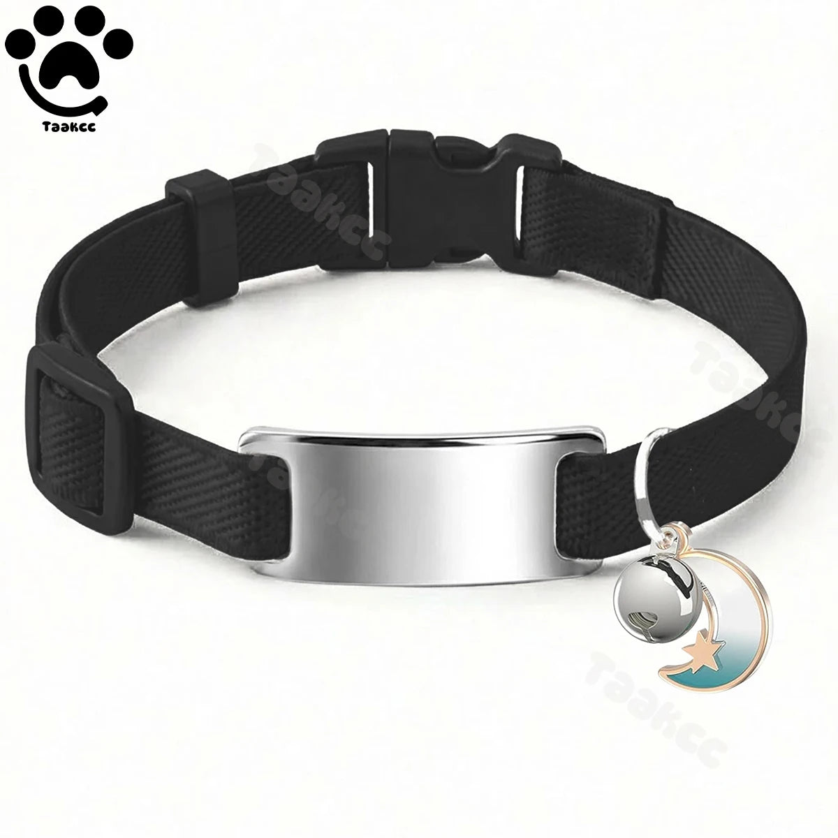 Collier Chat Élastique Personnalisé – Gravure Gratuite, Plaque ID, Clochette & Breloque Lune Anti-Fugue