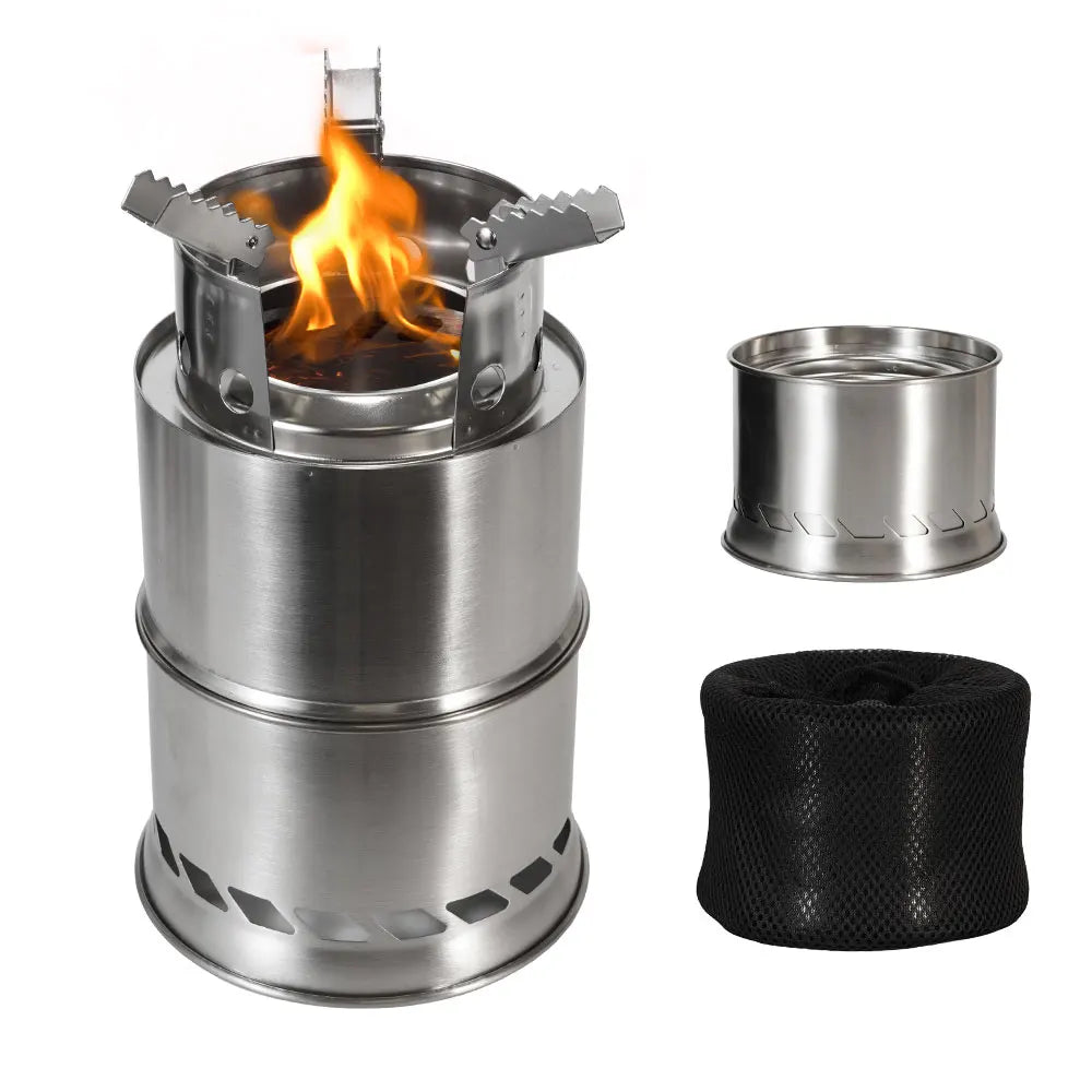 Poêle à Bois Portable pour Camping – En Inox Double Couche Concentrateur de Chaleur, Démontable et Empilable pour Pique-Nique