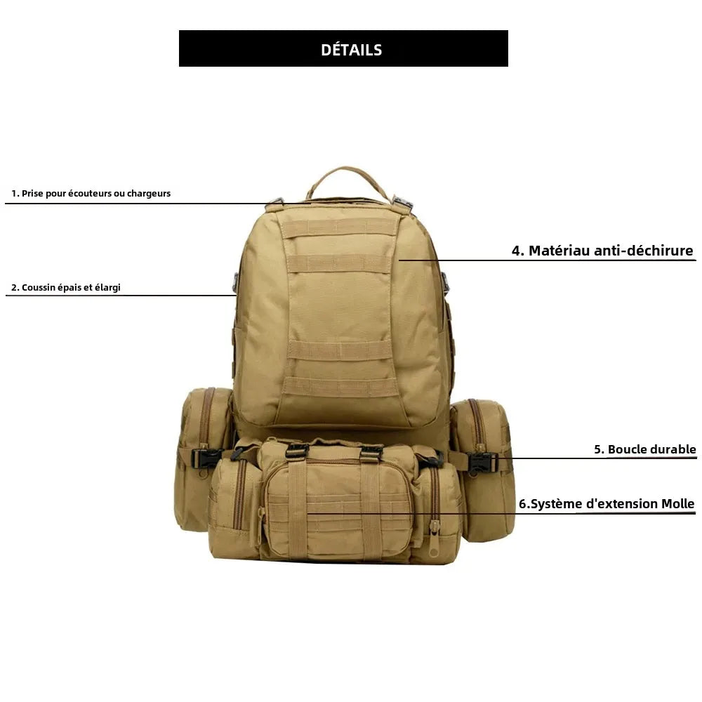 Sac à Dos Tactique 55L Molle – Nylon Haute Capacité pour Camping, Randonnée, Chasse et Voyage
