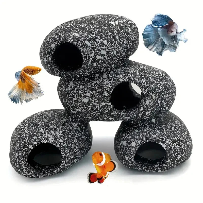 Grotte en Pierre pour Cichlidés – Ornement Aquarium, Bassin, Cachette pour Crevettes, Céramique (1/2/4 pièces)