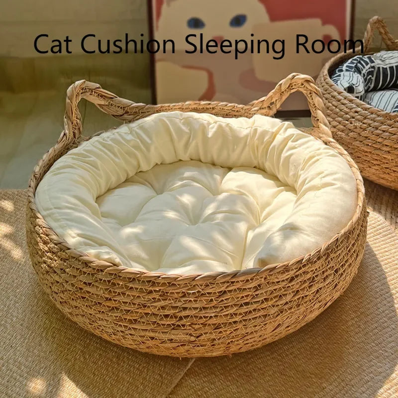 Corbeille pour Chat Tressée à la Main en Osier – Coussin Amovible et Lavable, Toutes Saisons, Accessoires Animaux
