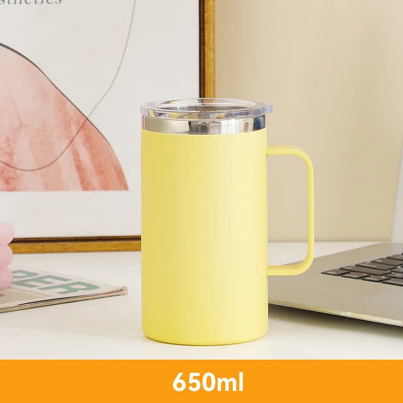 Mug en Inox 304 – 650 ml, Double Paroi Anti-Brûlure, Isotherme avec Couvercle & Anse – Tasse Café, Thé, Lait